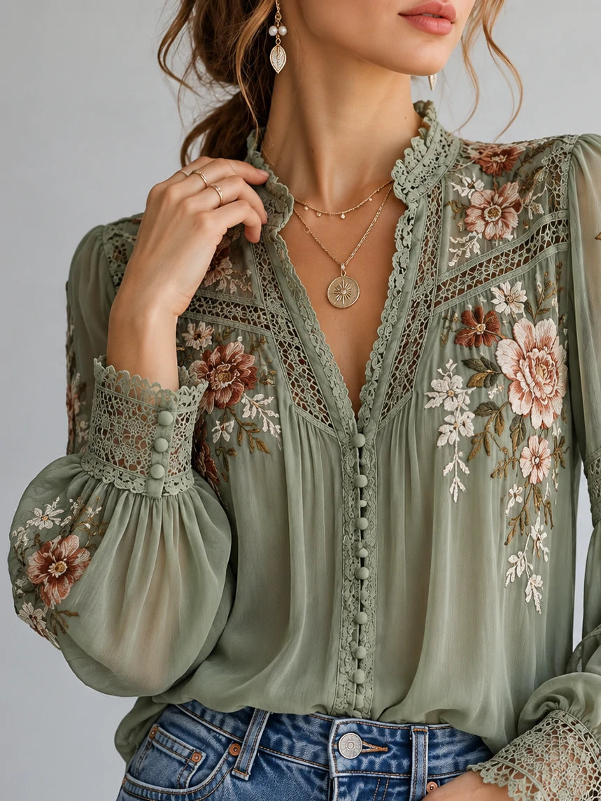 Botanical Lace-Insert Sage Blouse