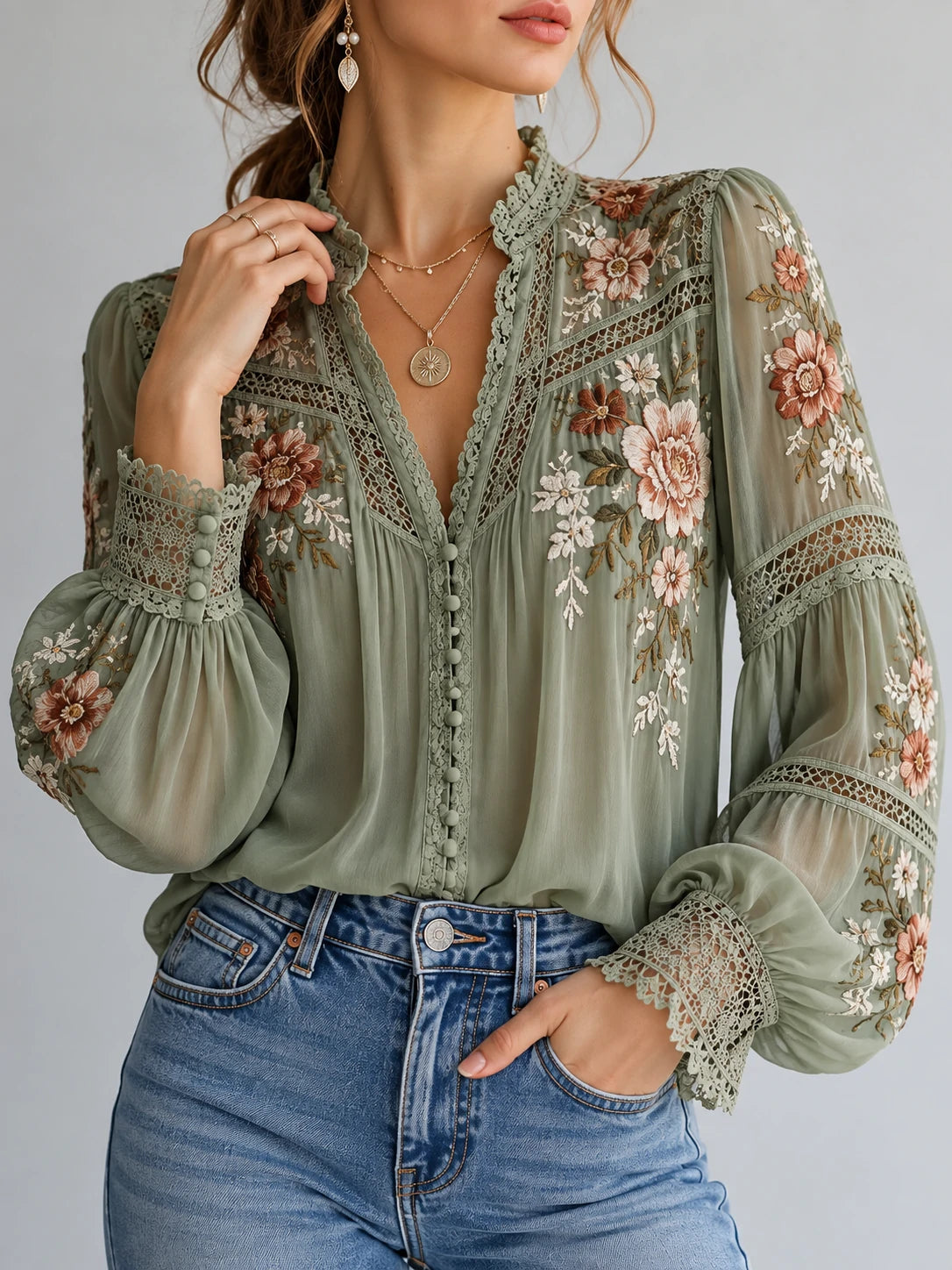 Botanical Lace-Insert Sage Blouse