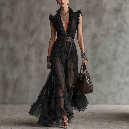 Noir Ruffled Pleated Maxi Dress