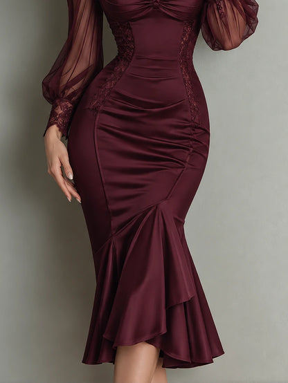 Lace-Trimmed Satin-Look Mermaid Midi Dress