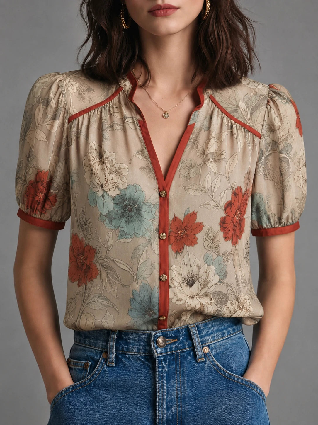 Vintage Botanical Puff Sleeve Blouse