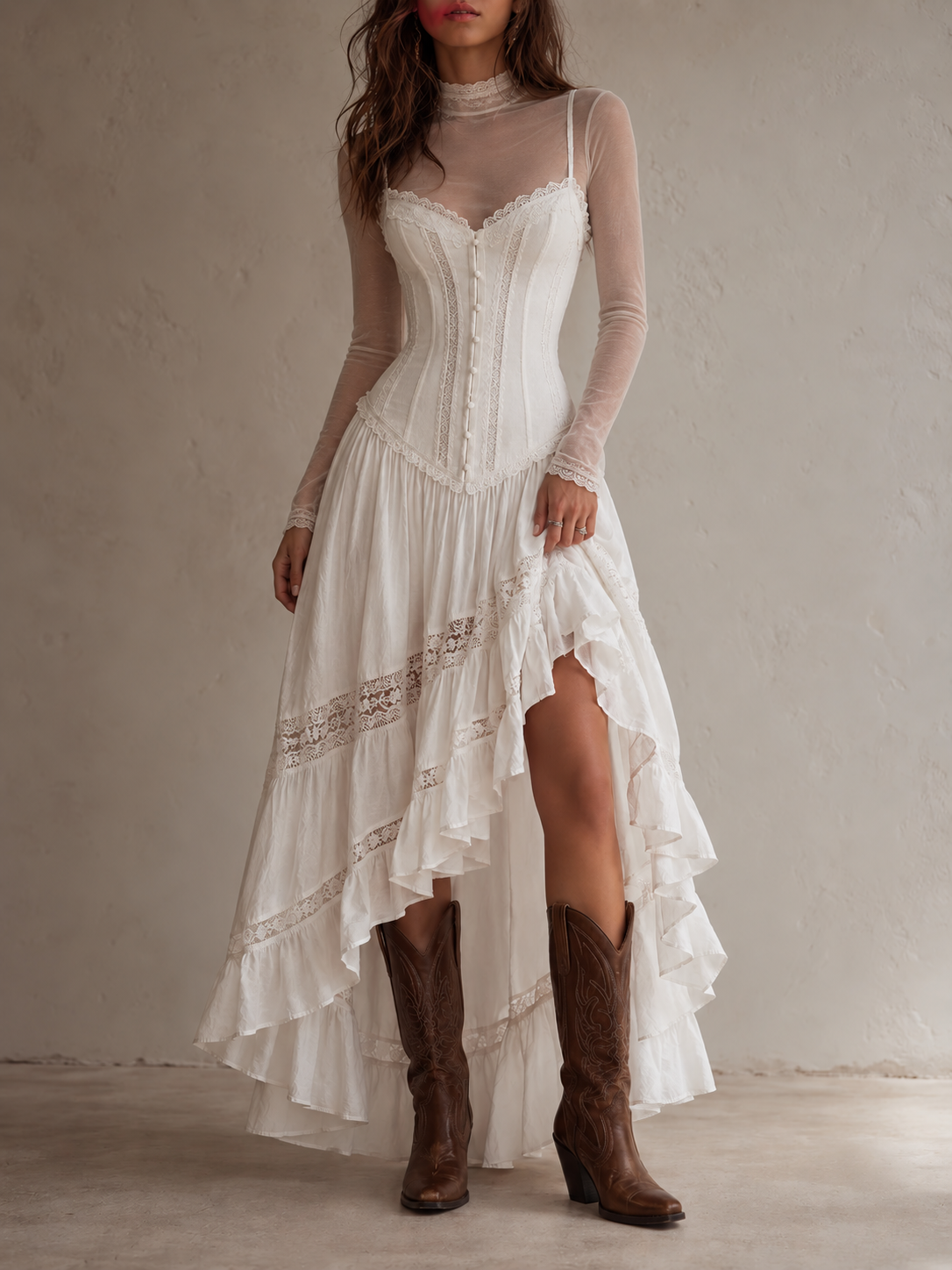 Sheer Lace-Trim Mock-Neck Top