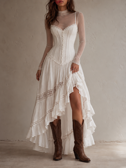 Sheer Lace-Trim Mock-Neck Top