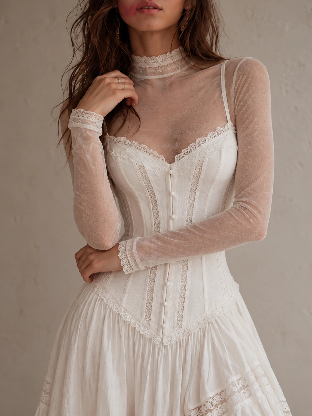 Sheer Lace-Trim Mock-Neck Top