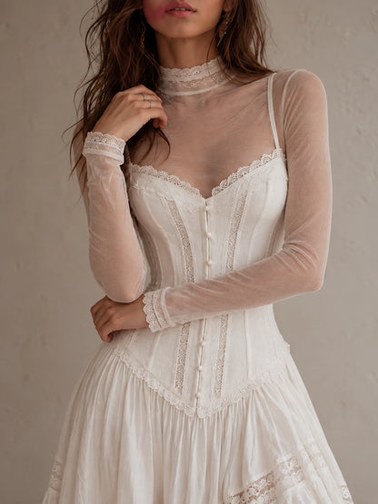 Sheer Lace-Trim Mock-Neck Top