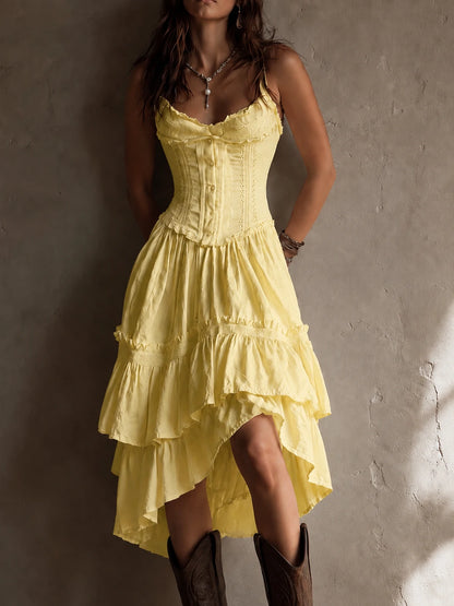 Retro Boho White Corset Tiered Midi Dress With Lace-Trim