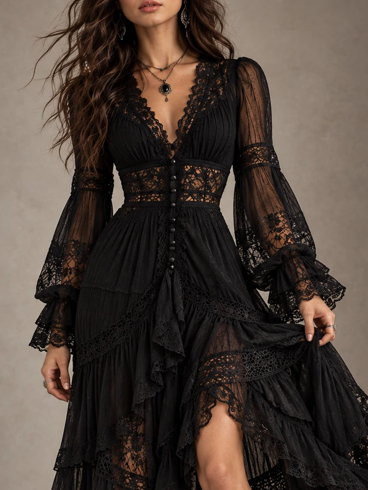 Lace-Panel Tiered Ruffle Maxi Dress