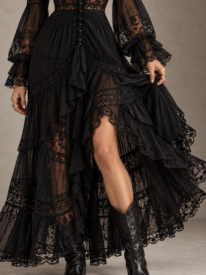Lace-Panel Tiered Ruffle Maxi Dress