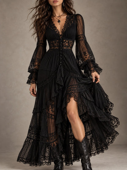 Lace-Panel Tiered Ruffle Maxi Dress
