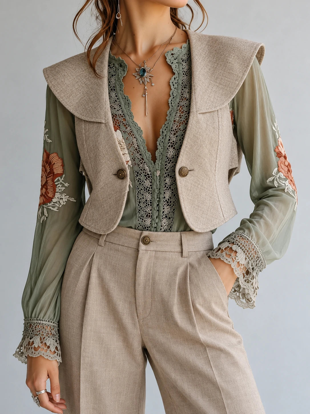 Statement-Collar Waistcoat and Wide-Leg Trousers