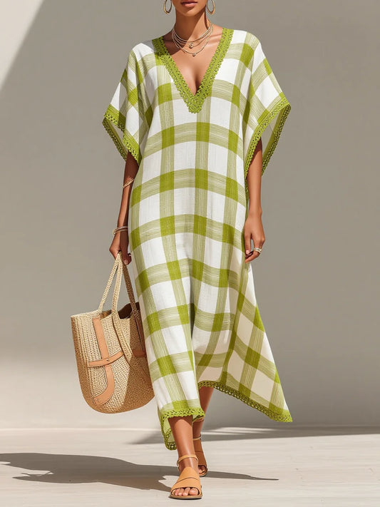 Green White Gingham Lace Trim V-Neck Batwing Sleeve Kaftan Maxi Dress