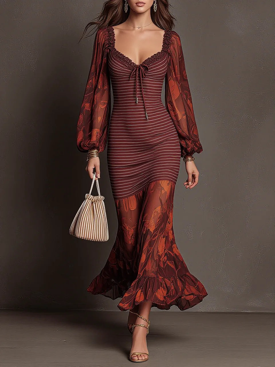 Burgundy Stripe Print Lantern Sleeve Drawstring Square Neck Mermaid Maxi Dress
