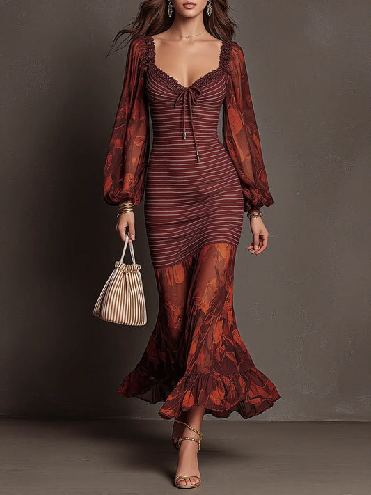 Burgundy Stripe Print Lantern Sleeve Drawstring Square Neck Mermaid Maxi Dress