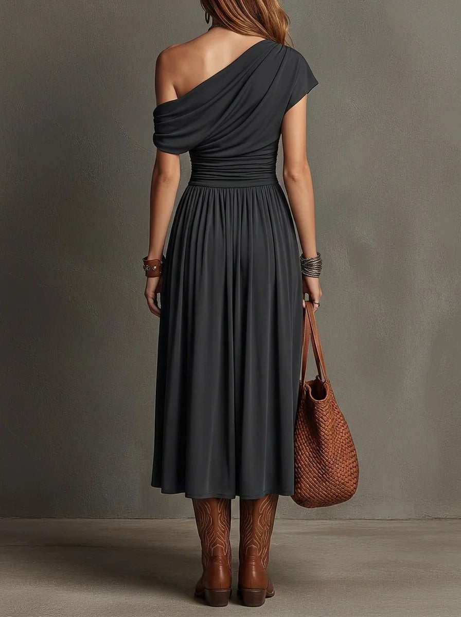 Black Draped One Shoulder Ruched Waist Midi Dress, Flowy A Line Western Casual Midi Gown