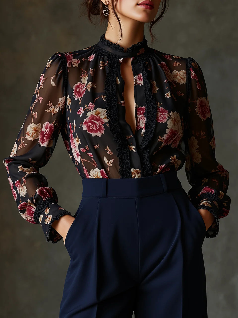 Lace Trim Stand Collar Floral Print Sheer Puff Sleeve Chiffon Blouse