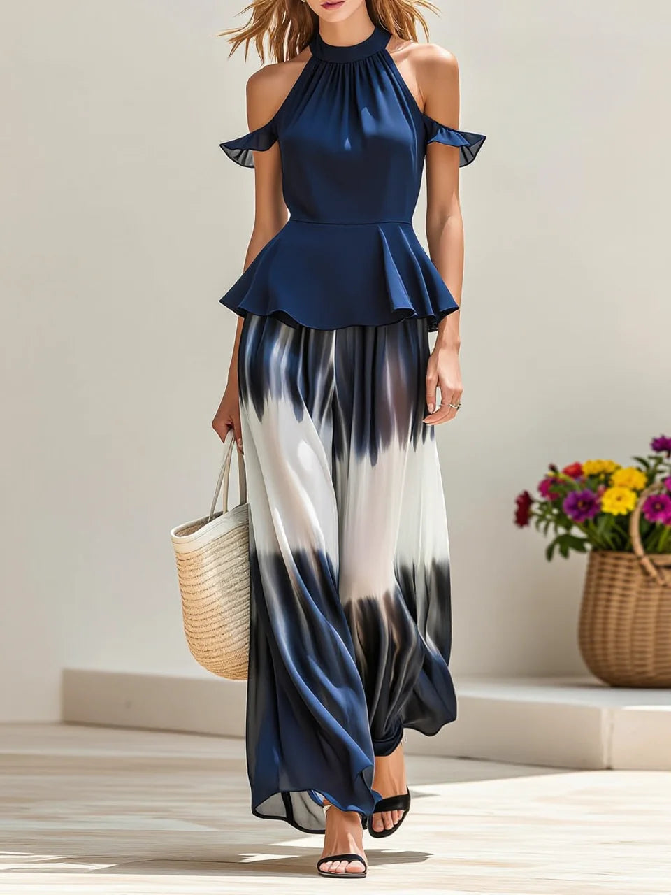 Navy Halter Off-Shoulder Peplum Top & Blue-White Gradient Wide-Leg Pants Set