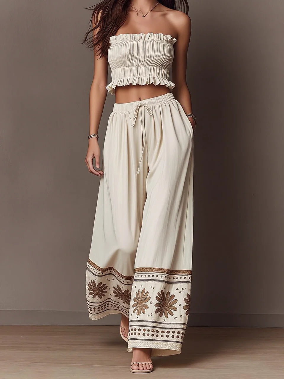 Boho Two Piece Outfit, Ruffle Smocked Tube Crop Top & Floral Border Print Wide Leg Palazzo Pants Set