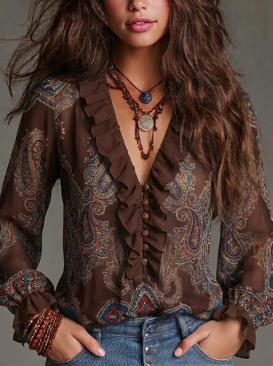 Brown Paisley Print Ruffle V Neck Semi Sheer Chiffon Blouse, Vintage Boho Long Flare Sleeve Button Back Casual Top