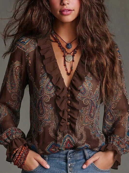 Brown Paisley Print Ruffle V-Neck Semi-Sheer Long Flare Sleeve Button-Back Chiffon Blouse