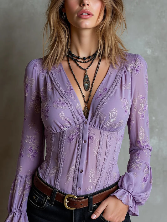 Lavender Lace-Trimmed V-Neck Floral Chiffon Blouse