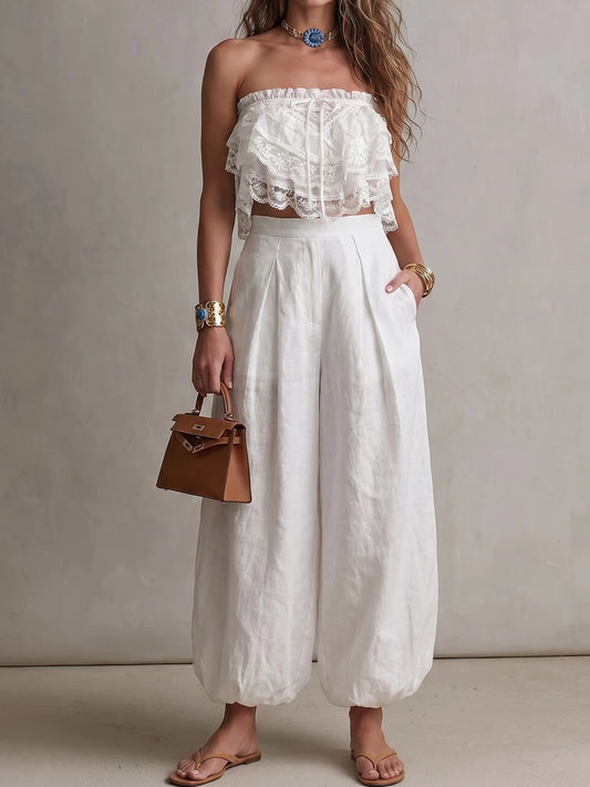 White Lace Ruffled Bandeau Crop Top & Linen Balloon Pants Set