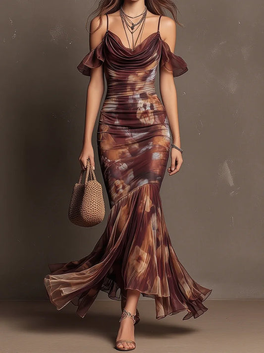 Brown Tie-Dye Print Cami Off-Shoulder Ruffle Mesh Mermaid Maxi Dress