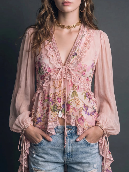 Pink Floral Print Lace Ruffle V Neck Tie Front Long Puff Sleeve Peplum Blouse, Romantic Chiffon Boho Top