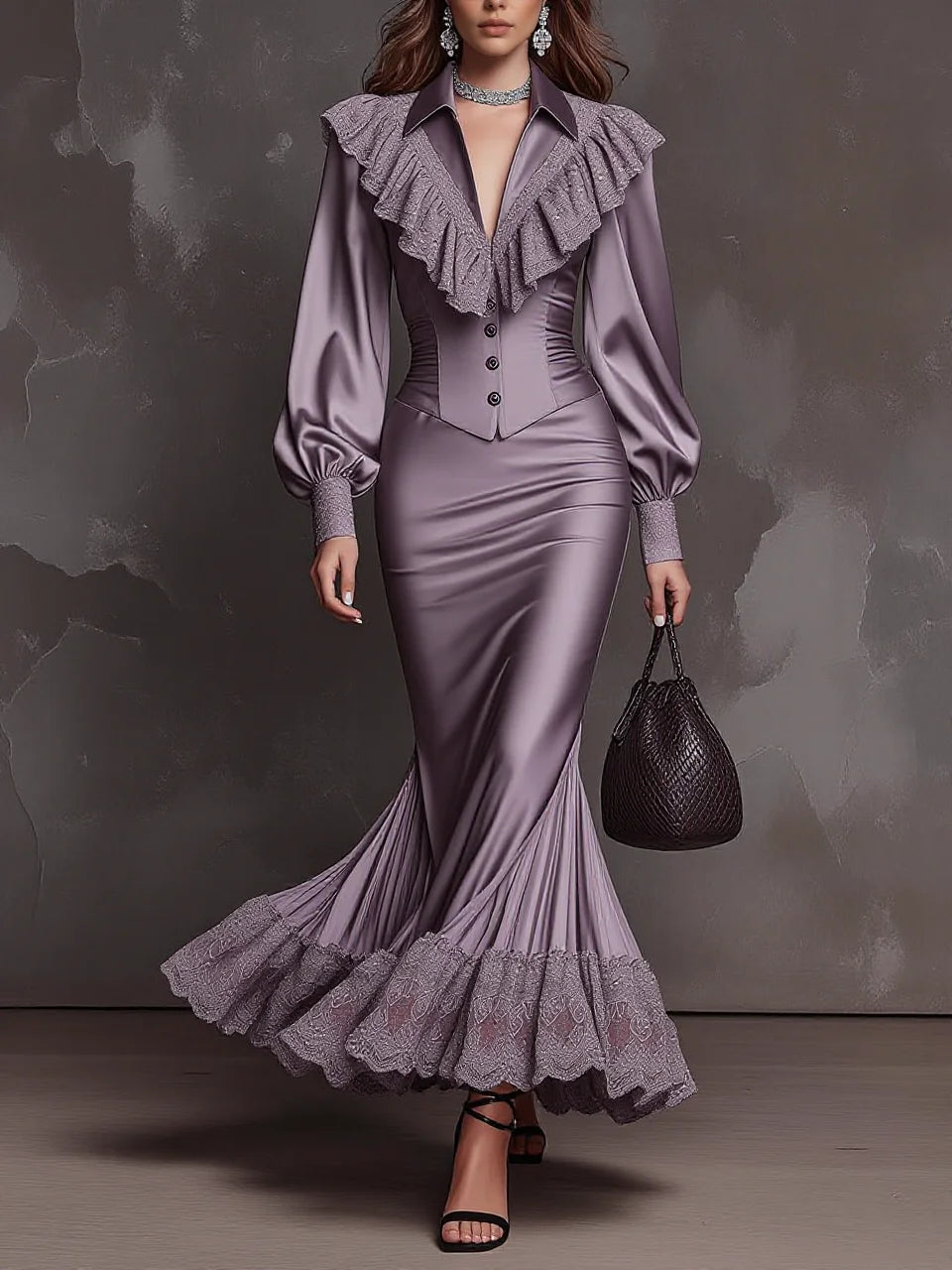 Lavender Satin Lace Ruffle Collar Corset Top & Mermaid Skirt Set