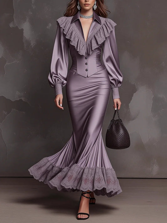Lavender Satin Lace Ruffle Collar Corset Top & Mermaid Skirt Set
