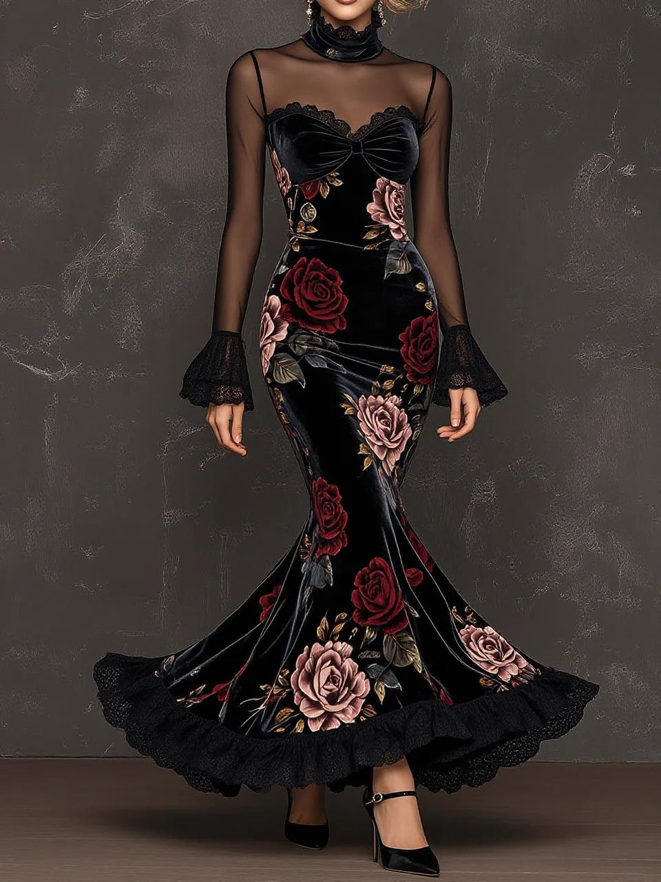 Black Velvet Rose Print Mesh Panel High Neck Mermaid Gown