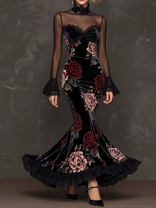 Black Velvet Rose Print Mesh Panel High Neck Mermaid Gown