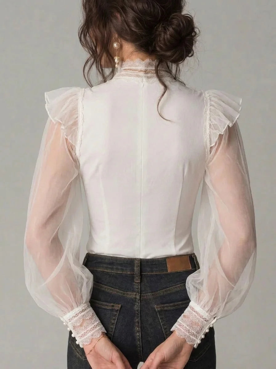 White Lace High Neck Sheer Tulle Puff Long Sleeve Corset Blouse, Ruffle Shoulder Pearl Cuff Slim Fitted Top