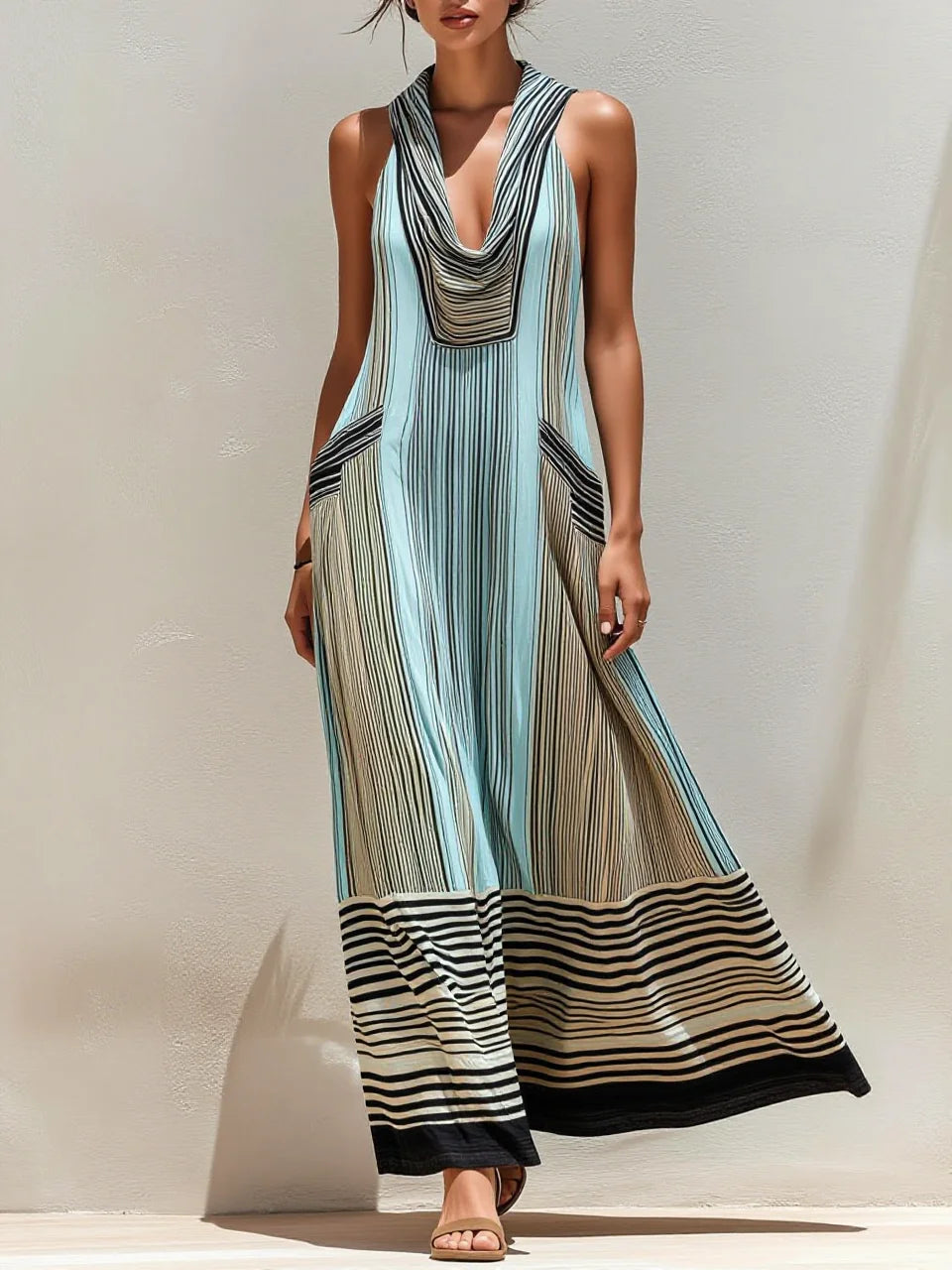 Color Block Striped Halter Cowl Neck Loose Maxi Dress