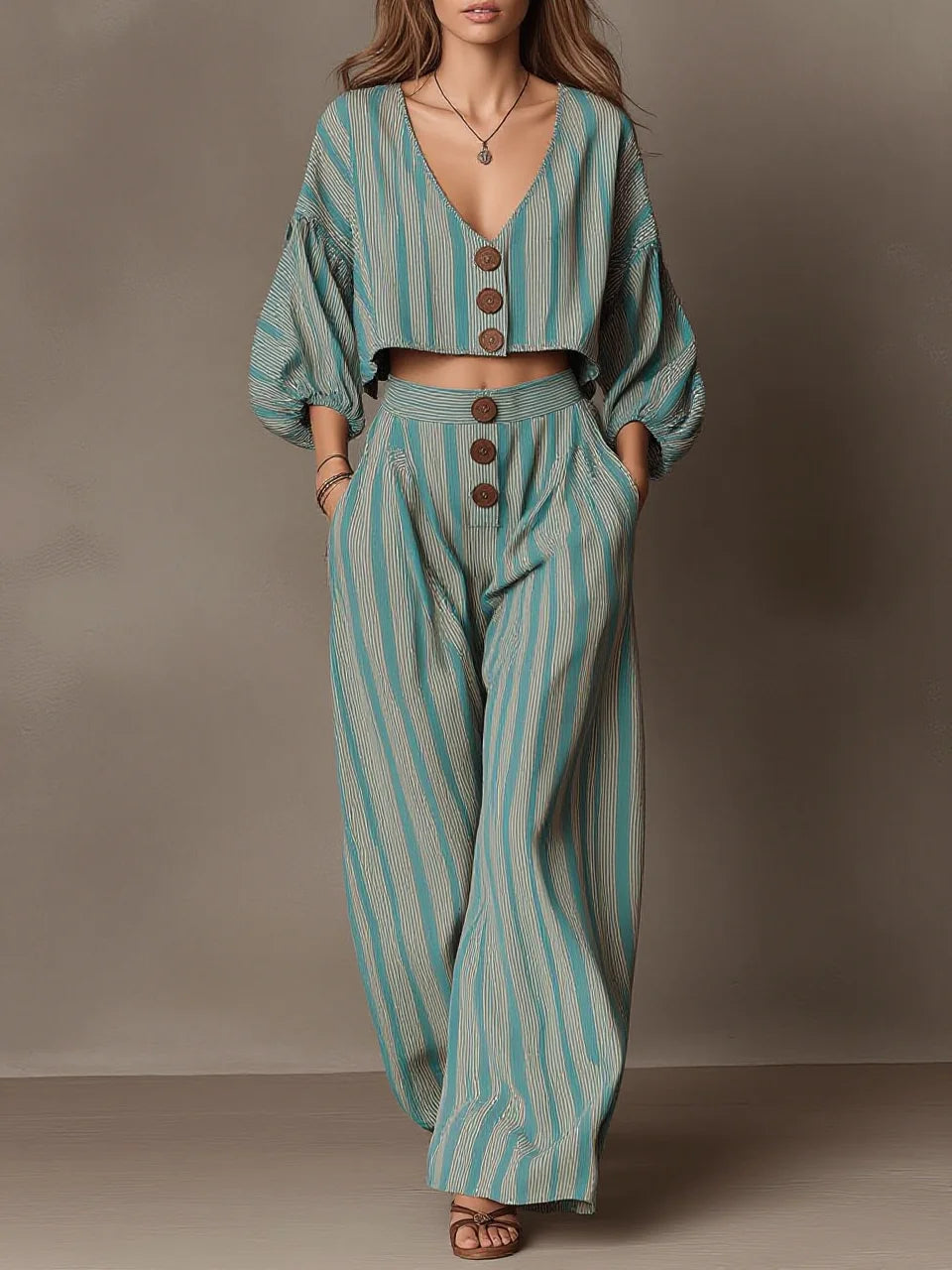 Blue White Stripe Puff Sleeve Crop Top & Wide Leg Pants Two Piece Set