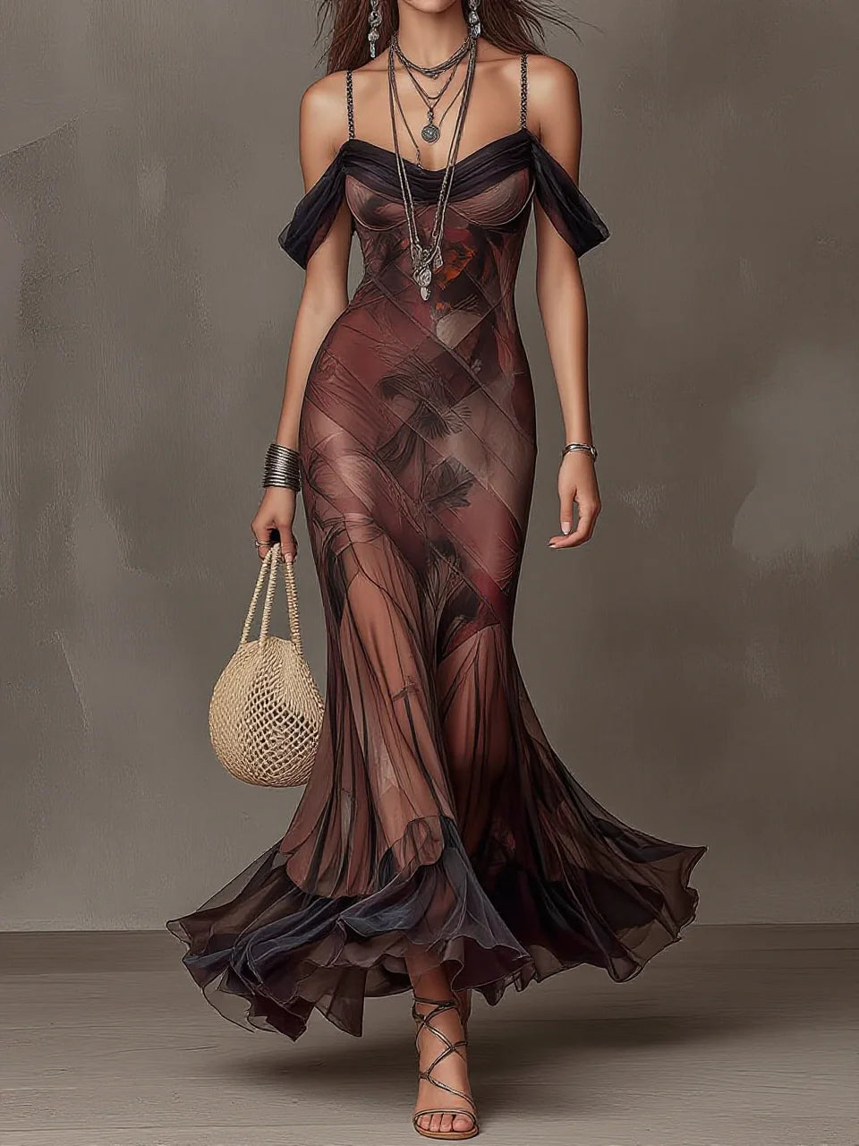 Deep Brown Sheer Print Off-Shoulder Mesh Mermaid Maxi Dress