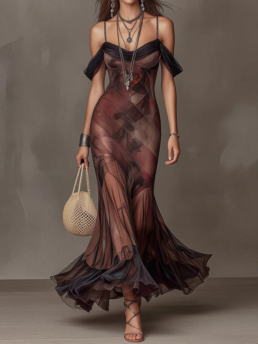 Deep Brown Sheer Print Off-Shoulder Mesh Mermaid Maxi Dress