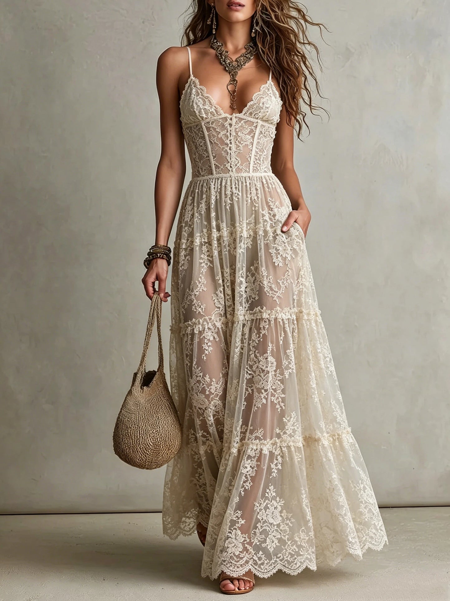 Spaghetti Strap Deep V Corset Floral Lace Tiered Sheer Maxi Dress