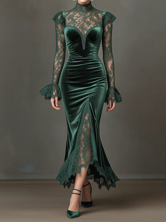 Dark Green Velvet Lace High Neck Long Sleeve Slit Mermaid Evening Gown