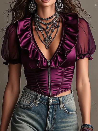 Burgundy Satin Ruffle Sheer Puff Sleeve Corset Crop Top