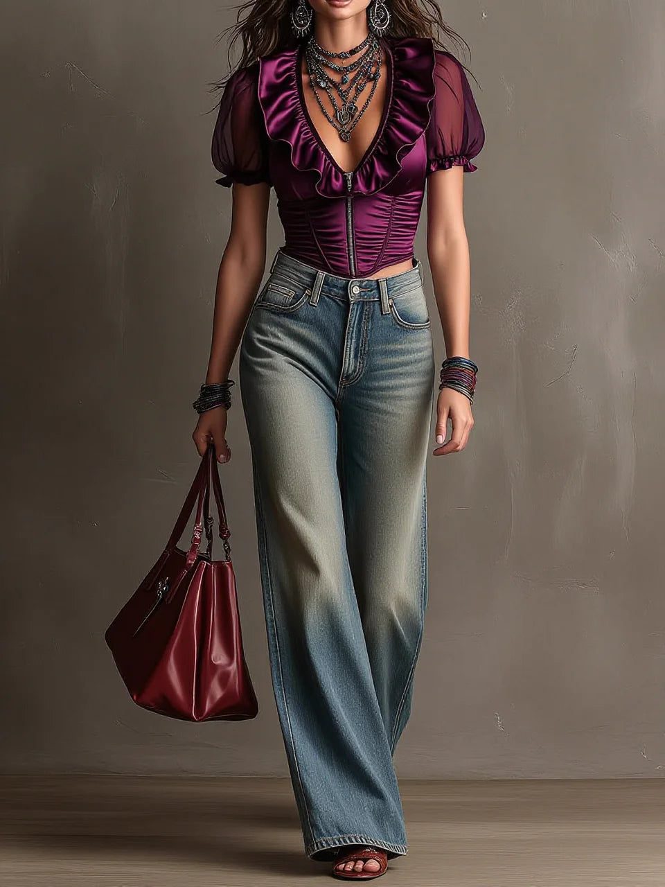 Burgundy Satin Ruffle Sheer Puff Sleeve Corset Crop Top