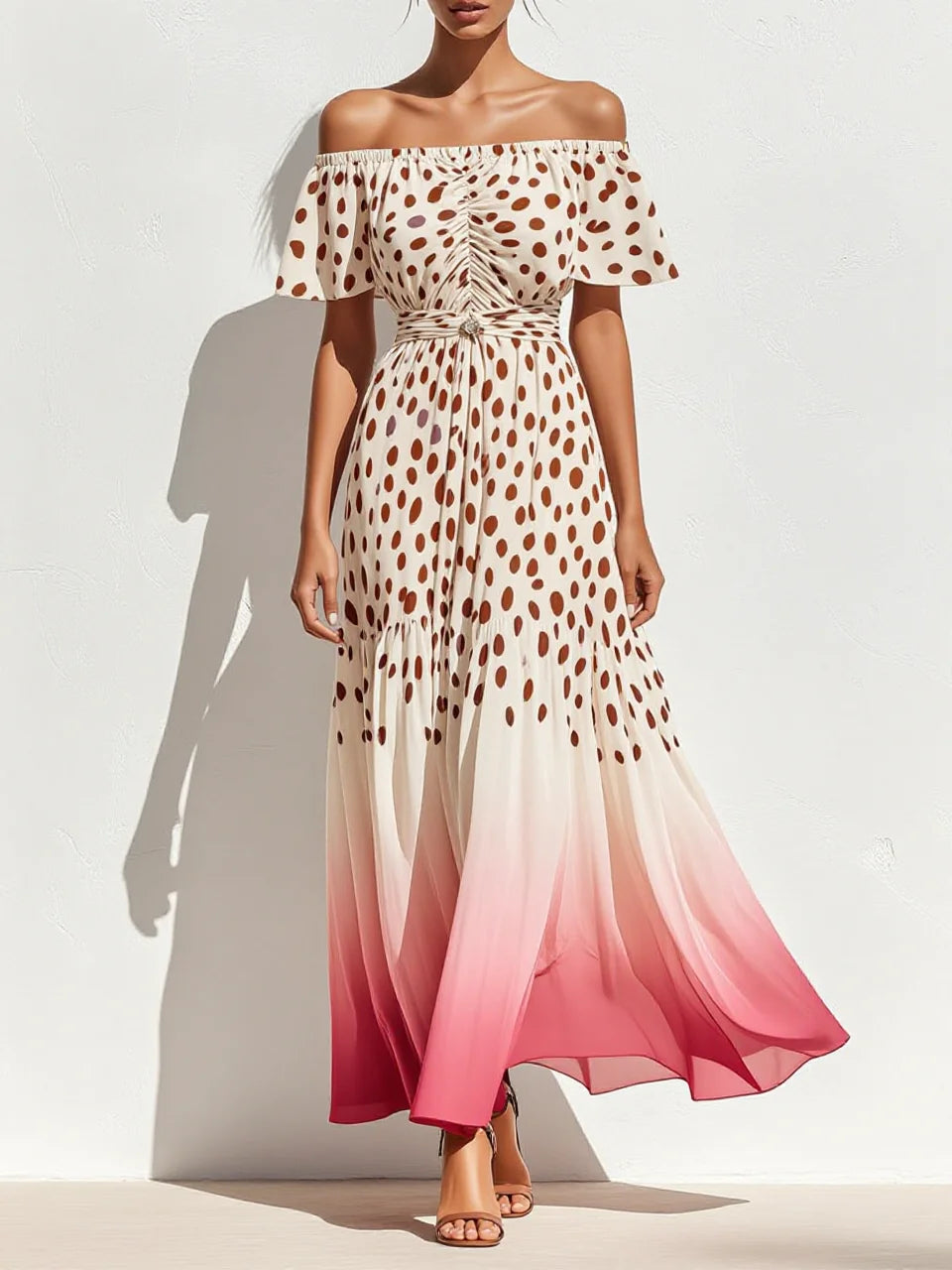 Off-White Polka Dot Gradient Off-Shoulder Cinched Waist Flared Maxi Dress