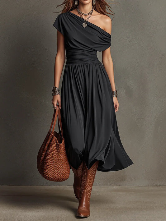 Black Draped One-Shoulder Ruched Waist Flowy A-Line Midi Dress
