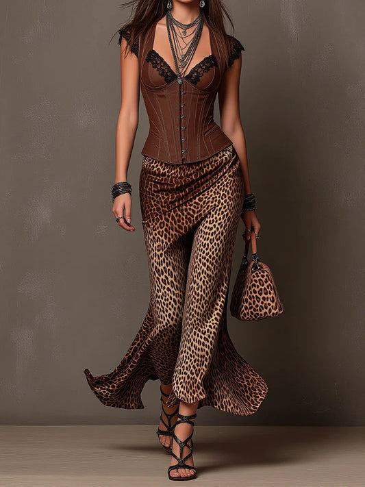 Brown Lace Trim Corset Top & Leopard Print Mermaid Skirt Set