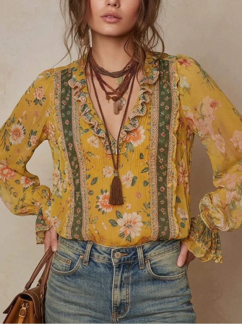 Ginger Yellow Vintage Floral Ruffled V-Neck Flare Sleeve Blouse