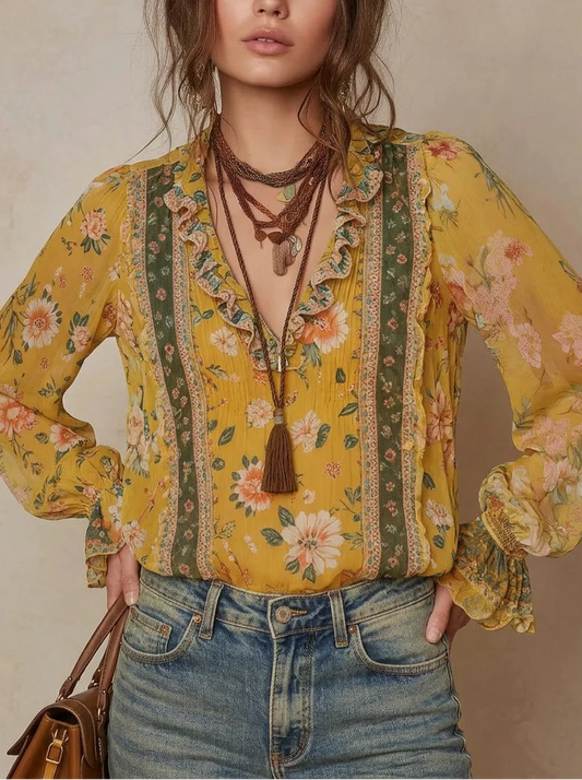Ginger Yellow Vintage Floral Ruffled V-Neck Flare Sleeve Blouse