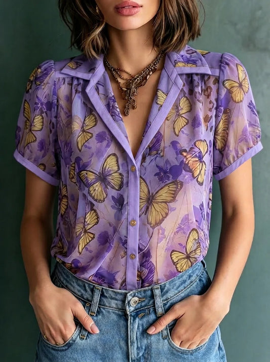 Lavender Butterfly Print Lapel Puff Short Sleeve Chiffon Blouse