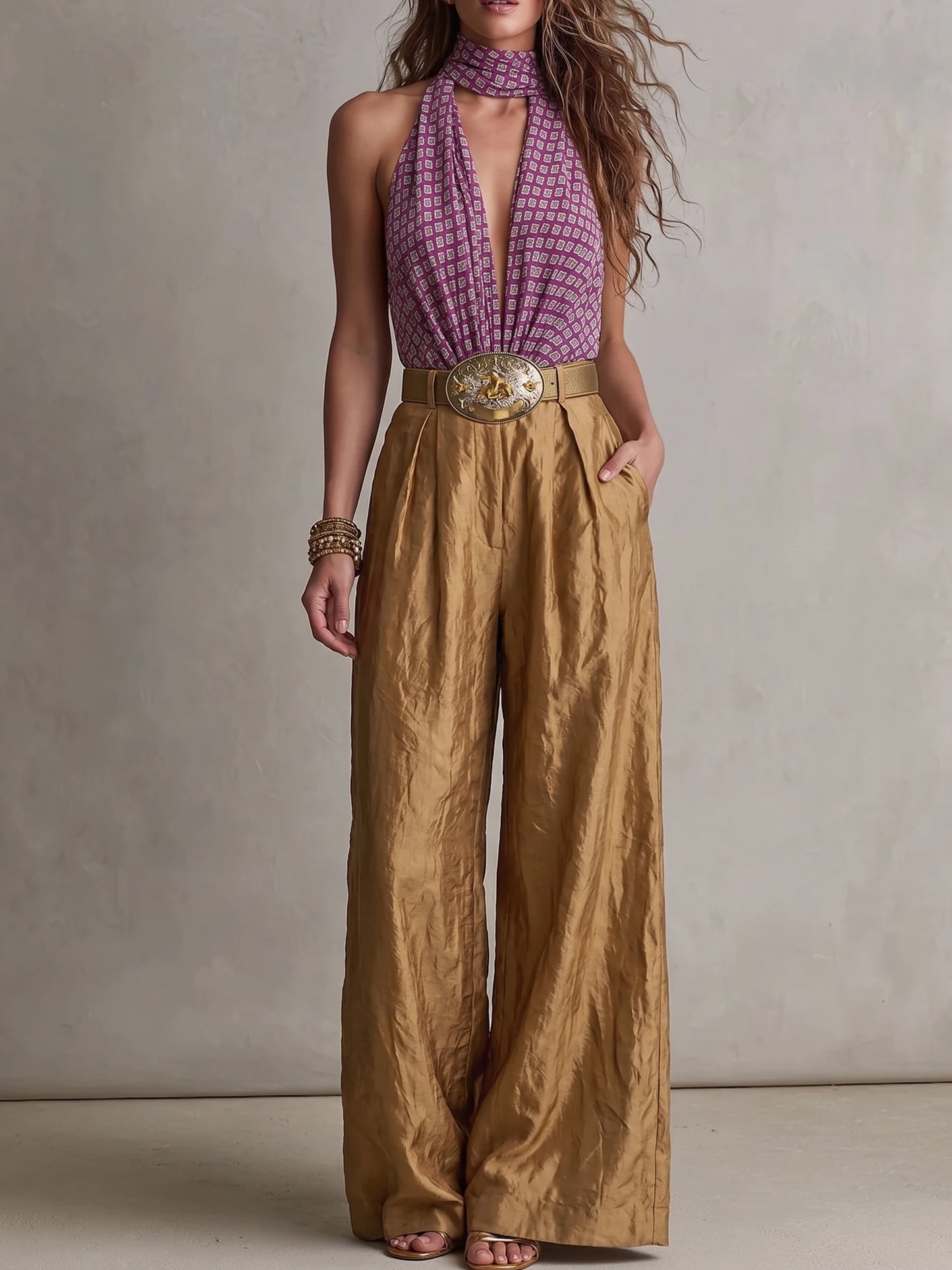 Purple Geometric Print Halter Deep V Top & Camel High-Waist Wide-Leg Pants Set
