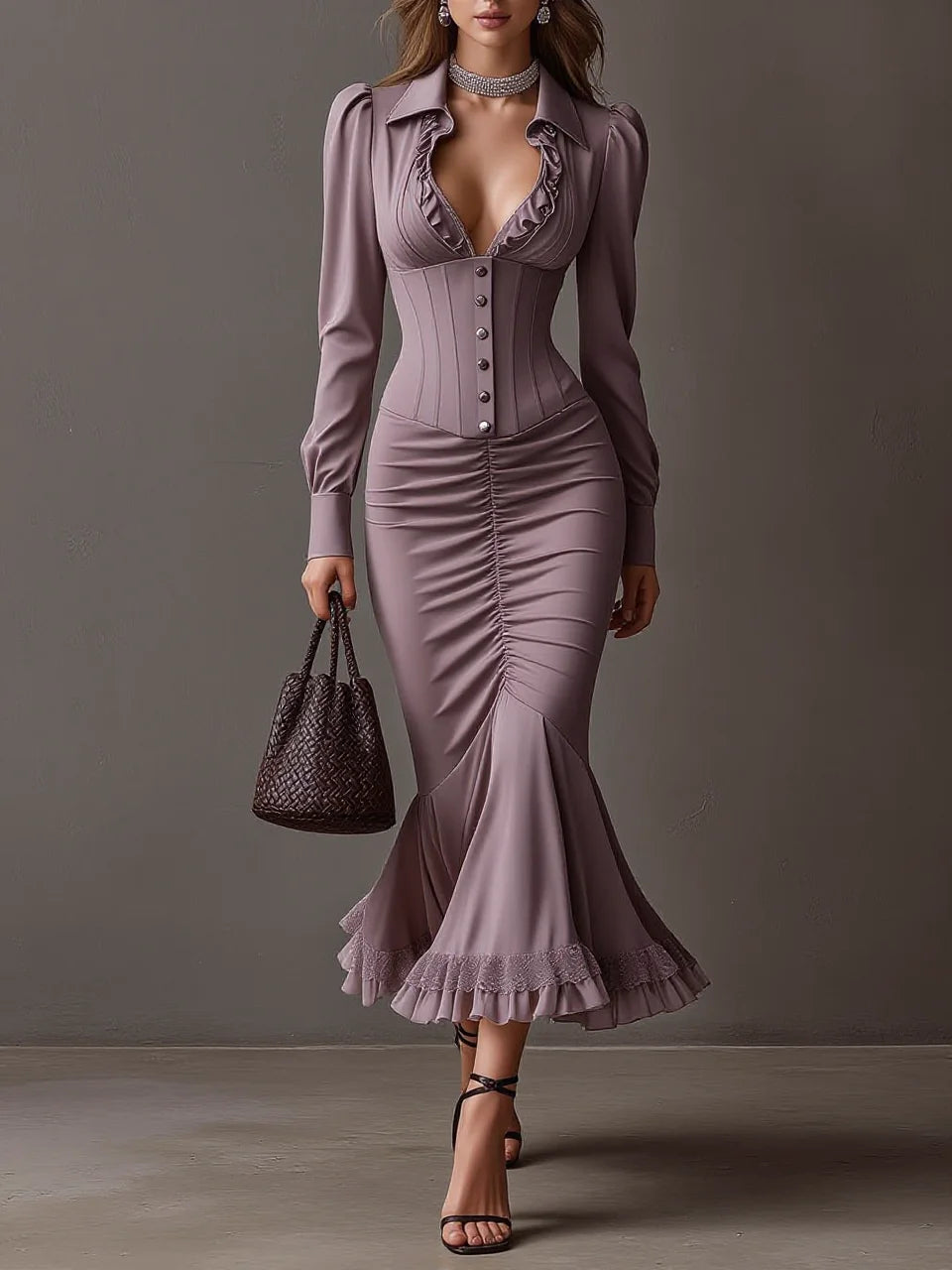 Dusty Purple Corset Button Lapel Ruched Lace Hem Mermaid Midi Dress