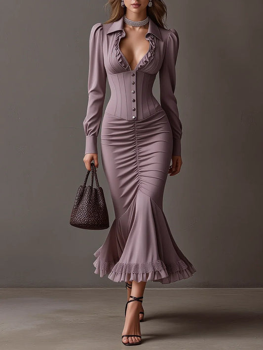 Dusty Purple Corset Button Lapel Ruched Lace Hem Mermaid Midi Dress