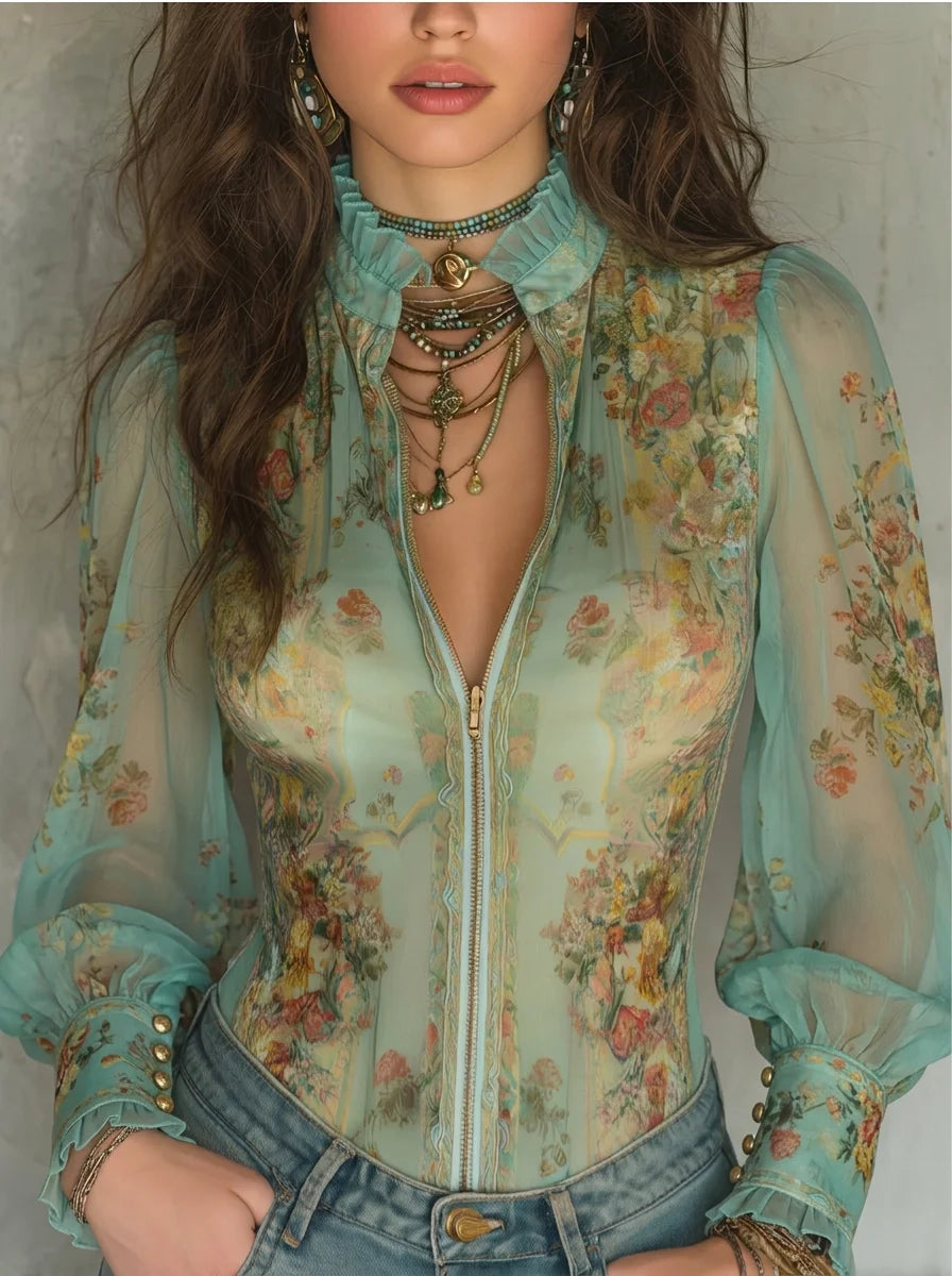 Mint Green Vintage Floral Print Sheer Chiffon Zip Front Blouse, Ruffle Stand Collar Puff Long Sleeve Slim Fitted Top